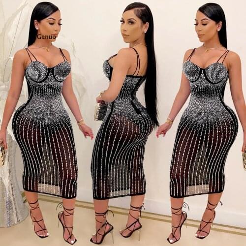 See Though Hot Rhinestones Plunging V-neck Midi Bodycon Dress for Women Sexy Club Party Dresses Pencil Vestidos