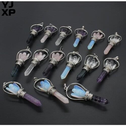 YJXP High Quality Silver Plated Multi Color Natural Rock Crystal Angel Hexagon Prism Pendulum Scepter Pendant Reiki Jewelry 1pcs