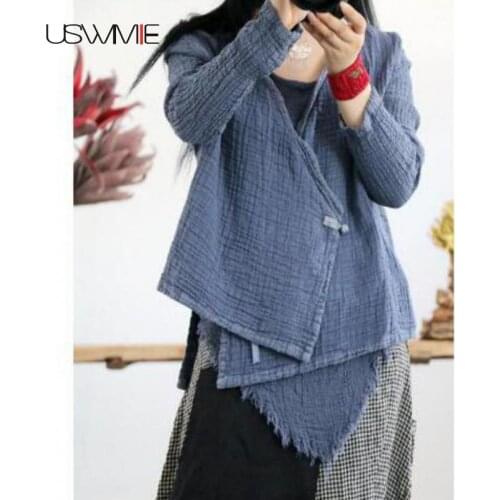 2020 Autumn Women Blouses Literature Brief Casual O-neck Solid Color Shirt Irregular Oblique Button Loose Comfort Plus Size Tops