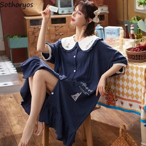 Plus Size 4XL Women Sleepshirts Cartoon Turn-down Collar Zip-up Print Spliced Sweet Ruffles Short Sleeve Korean Style Homewear