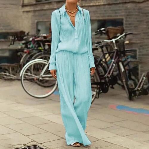 2pcs/Set Ladies Suit Solid Color Outfits Women Casual Single Breasted Shirts Long Wide Leg Pants Two Piece Set Women Tracksuits