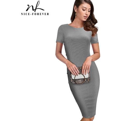 Nice-forever Summer Women Elegant Pure Color Work Dresses Business Formal Sheath Fitted Slim Dress btyB499