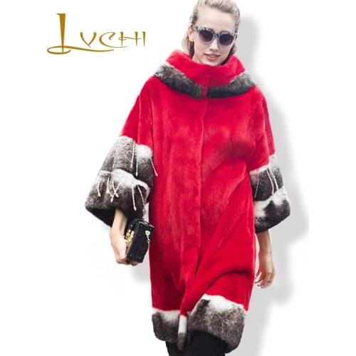 LVCHI 2019 Boho Real Mink Coat Women Red Fashion Wide-Waist European Star Special Sleeve New Natural Full Mink Fur Coat