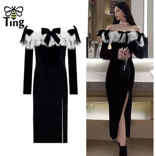 Tingfly Women Sexy Slash Neckline Lace & Bow Decor Bodycon Split Clubwear Party Night Dresses Zevity Sexy Dark Black Elbise Robe