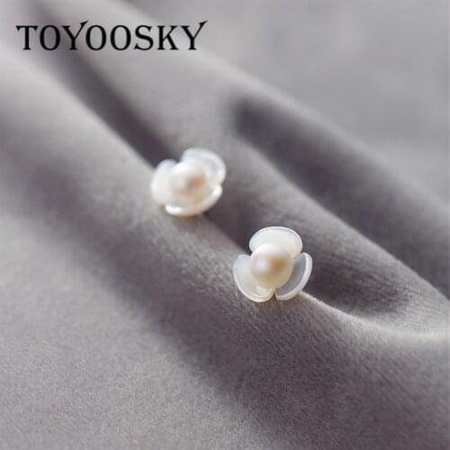 1 Pair 100% 925 Sterling Silver Shell Pearl Flower Stud Earrings Gift For Girls Kids Lady Anti-allergy Fine Jewelry