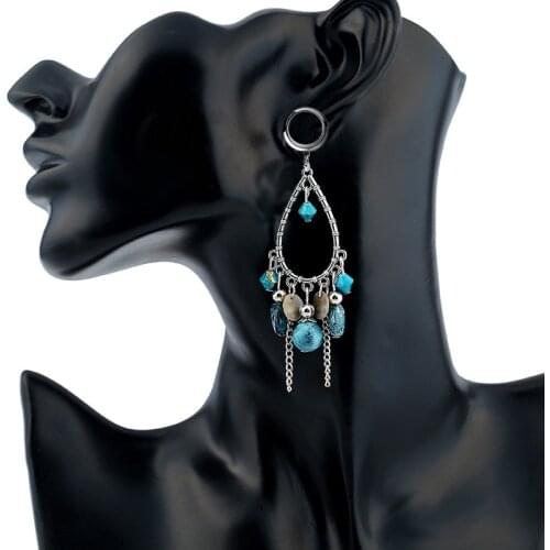 1 Retro Blue Stones Tassel Surgical Steel Ear Tunnel Ear Plugs Gauges Ear Reamer Flesh Piercing Oreja Expansion ombligo 4mm