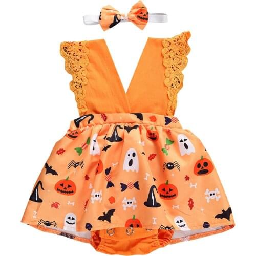 2020 Halloween Newborn Baby Girl Romper Cartoon Pumpkin V neck Lace Ruffles Jumpsuit Princess Party Costumes 0-18M