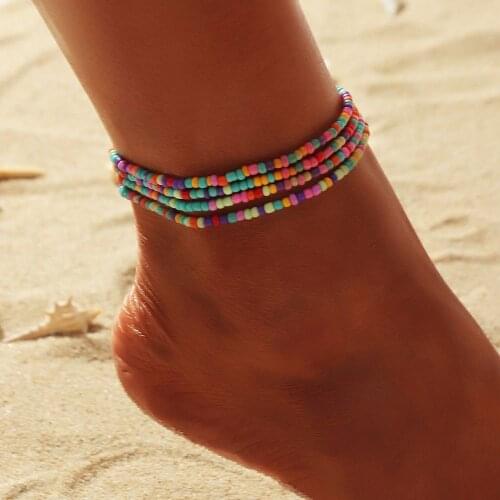 Simple Fashion Woven Beaded Anklets Beach Colorful Multi-layer Elastic Women Geometric Bohemia Style Foot Jewelry