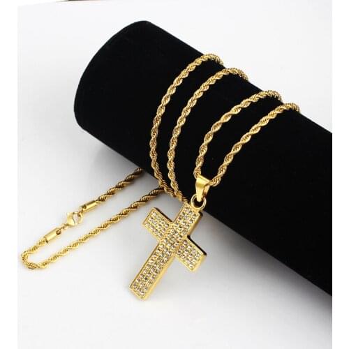 Rope Chains Cross Crystal Pendant Necklace Twisted Chain Gold Punk Stainless Steel Necklaces Gift for Mens Women Fashion Jewelry
