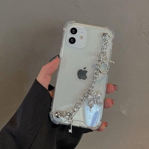 Wrist Chain Case for iPhone 12 Pro Max 7 8 Plus XR XS Max Clear Cases Cute butterfly Bracelet Chain Hanging Case for iPhone 11