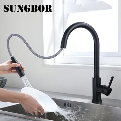 Black curved induction kitchen faucet can be pulled out drawing process hot and cold water explosion-proof high-end faucet