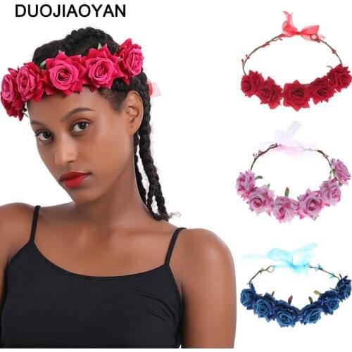 DUOJIAOYAN Boho Rose Flower Crown Adjustable Yarn Bridal Wreath Garland Handband Hair Accessories Color Floral Hair Band