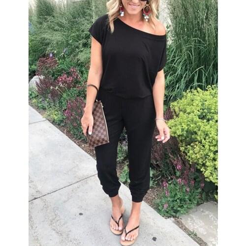 Summer Women Sexy Off Shoulder Short Sleeve Jumpsuits Solid Casual Slim Overalls For Women Long Romper Female