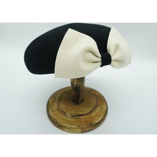 Korean Fashion Elegant Black White Bow Decoration Vintage Beret Hat For Women Wool Painter Hat Fall Winter Cute Girl Cat Ear Hat