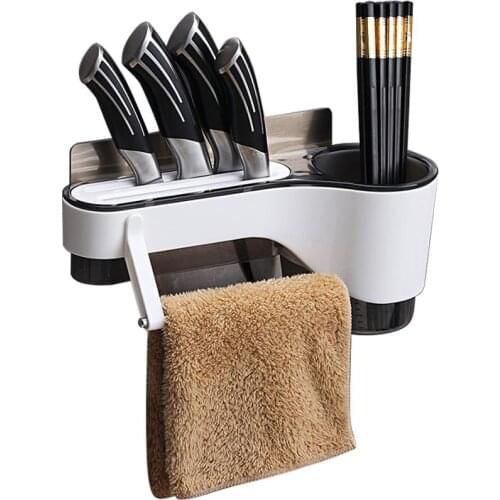 Kitchen Rack Multi-Function Tool Plastic - Wall-Mounted Punch-Free Kitchen Knife Shelf Rack Tool Holder with Cabinet Towel Bar