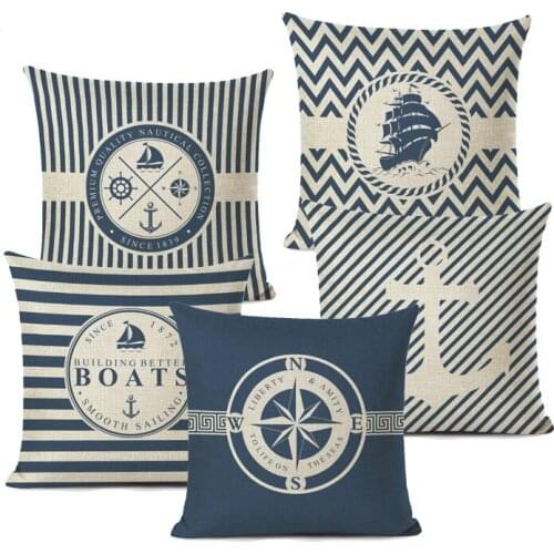 Blue Stripe Compass Boat Cushion Cover Nautical Style Decorative Cushions for Sofa Linen Pillow Case Home Decor Pillow Cover