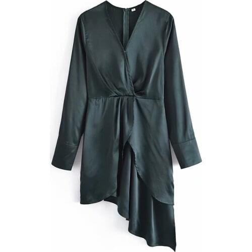 New Women Vintage Satin Dress Vogue V-Neck Long Cuff Sleeves Irregular hem Elegant Lady Casual Short Dresses Woman Robe
