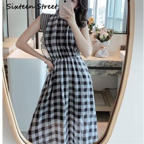 New Arrive Chiffon Plaid Dress Female Sleeveless O-neck Casual Street Outsize Long Dress Female Ruffle Sleeve Summer Vestido