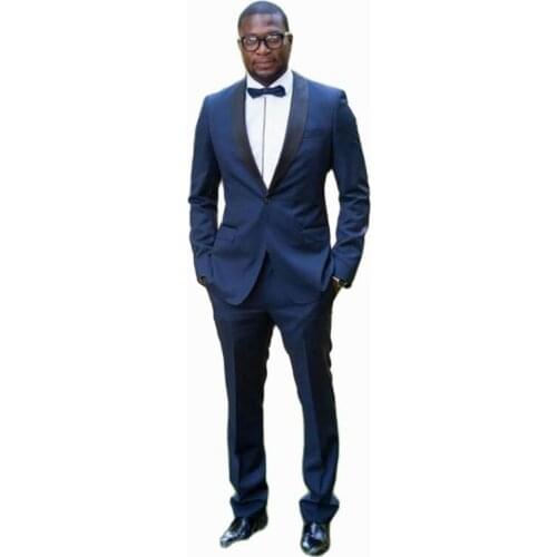 New Blue Slim Fit Wedding Tuxedos One Button Black Shawl Lapel Two Pieces Suit Custom Made Groom Wears(Jacket+Pant+Bow Tie)