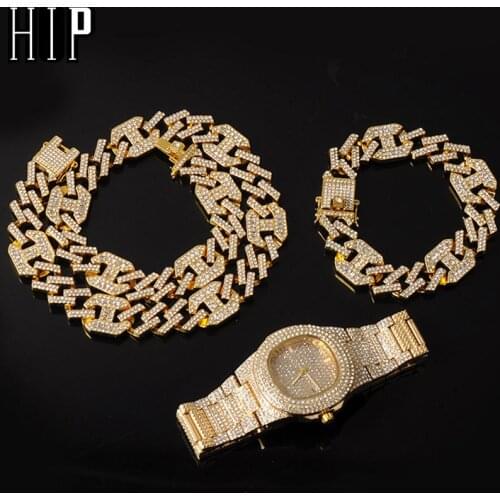 Hip Hop Necklace +Watch+Bracelet AAA+ Iced Out Alloy Rhinestones Coffee Bean Prong Cuban Chain Bracelet Necklace For Men Jewelry