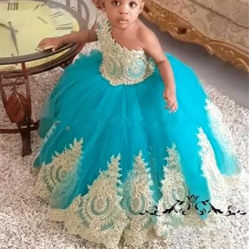 African Girls Gold Flower Girl Dresses Ball Gown One Shoulder Cheap Knot Bow Long Tulle Girls Birthday First Communion For Kids