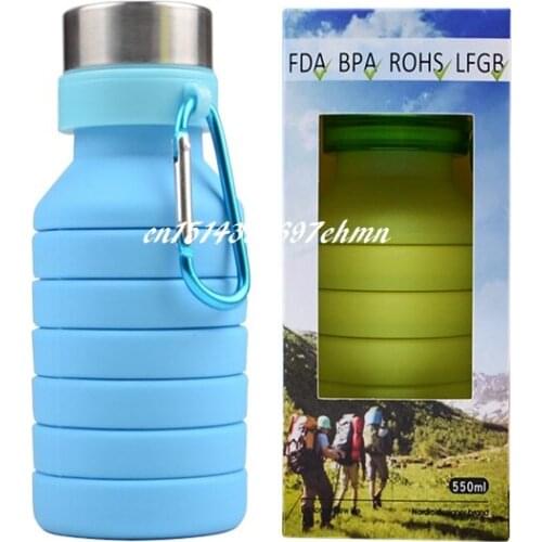50pcs/lot 550ML Silicone Water Bottle Retractable Folding Coffee Bottle Travel Drinking Collapsible Sport Kettle with hook