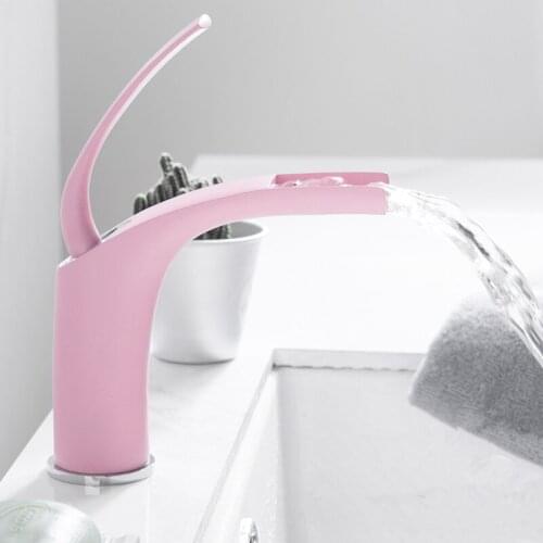 Bathroom Basin faucet Solid Brass Sink Mixer Tap Hot & Cold Single Handle Deck Mounted Lavatory Pink Waterfall Tap Free Shipping