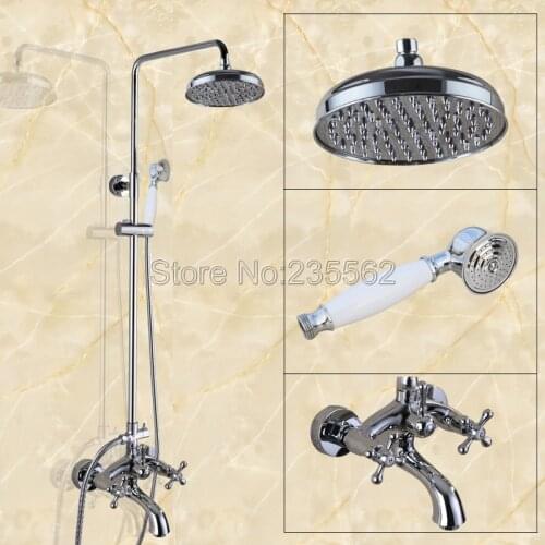 Modern Wall Mounted Chrome Brass Rainfall Bathroom Rain Shower Faucet Set Dual Handle Tub Mixer Tap + Hand Shower Spray lcy352