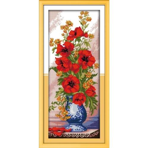 Joy Sunday Poppy Celadon Vase 11CT DMC Print On Canvas 14CT Cross Stitch Set DIY Chinese Cross Stitch Needlework Kit Home Decor