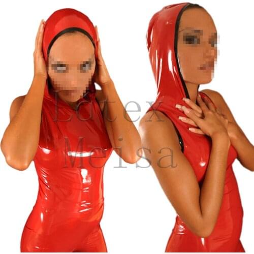 Handmade red latex bodysuit women with caps and attached back zip to waist