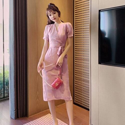 Korean Style Vintage Sexy V-Neck Short Sleeve Lace Midi Party Dress Ladies Elegant Streetwear Cute Embroidery Female Split Dress