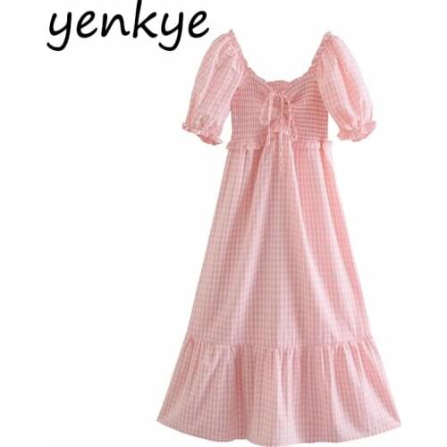 YENKYE Sexy Off Shoulder Pink Plaid Dress Women Short Sleeve Casual Holiday Party Dresses Summer Elegant Ladies Midi Robe