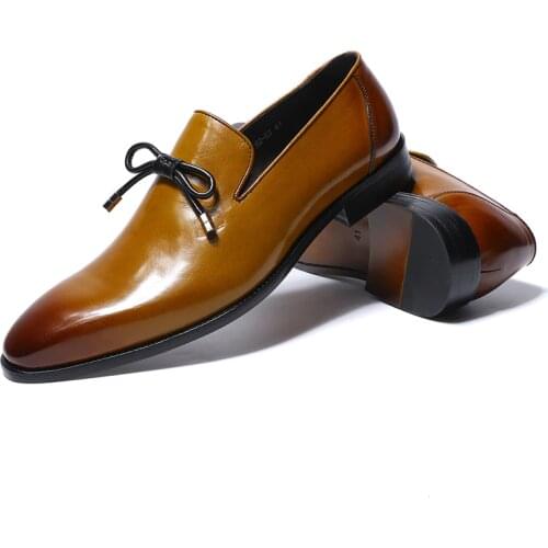 2020 Mens Leather Loafers with Bow Tie Black Brown Casual Genuine Cow Leather Men Dress Shoes Slip On Wedding Party Formal Shoes