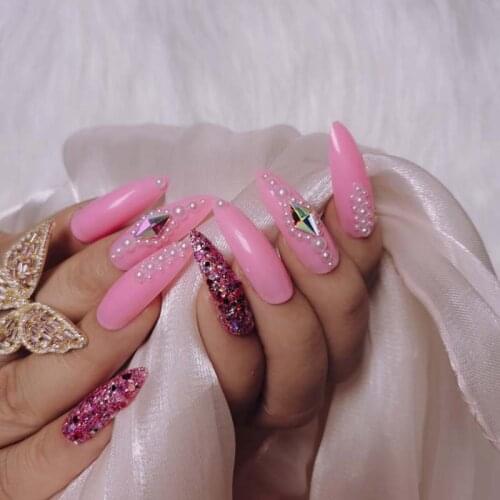 24pcs Extra long pointed oval fake nails slim art salon nail crystal diamond nail pink