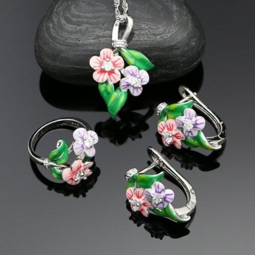 925 Silver Jewelry Set for Women Earrings Ring Pendant Necklace Multicolor Enamel Flower Bridal Jewelry