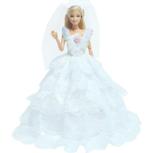 Handmade White Dress Wedding Party Lace Gown With Veil Elegant Bride Princess Clothes for Barbie Doll Accessories Baby Girl Toys