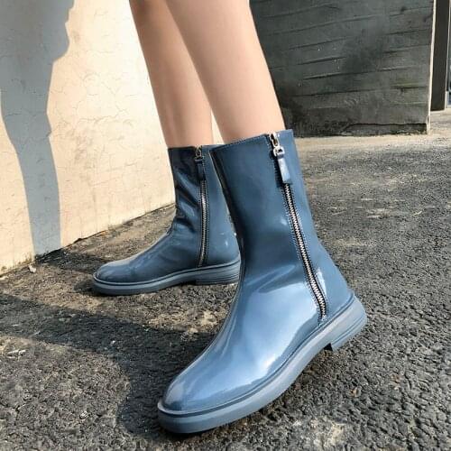 QZYERAI 2021 Women Genuine Leather Boots Fashion Handmade Cow Leather Patent Leather Short Boots Platform Short Boots
