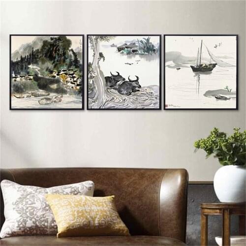 Traditional Chinese Country Landscape Canvas Painting Picture Home Decor Wall Art Print Living Room Retro Scenery O Painting