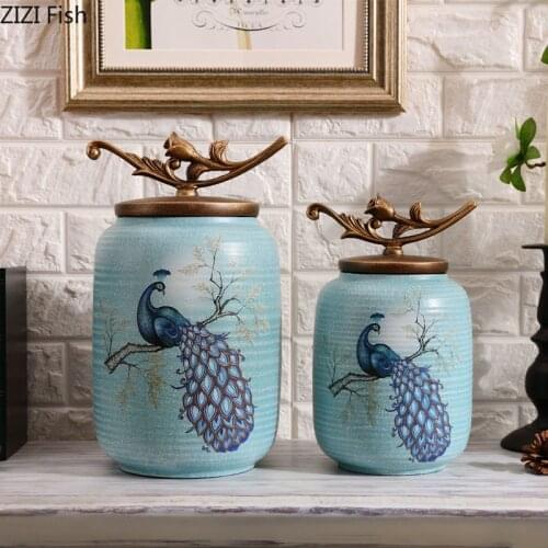 Classical Ceramic Storage Jar Vintage Home Decor Peacock Painted Decorative Vases Floral Arrangement Retro Glaze Porcelain