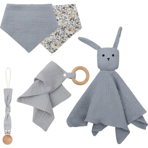 4 Pcs Baby Bibs Pacifier Clips Chain Cotton Rattles Cute Sleeping Dolls Soothe Appease Towel Newborn Shower Gift Set