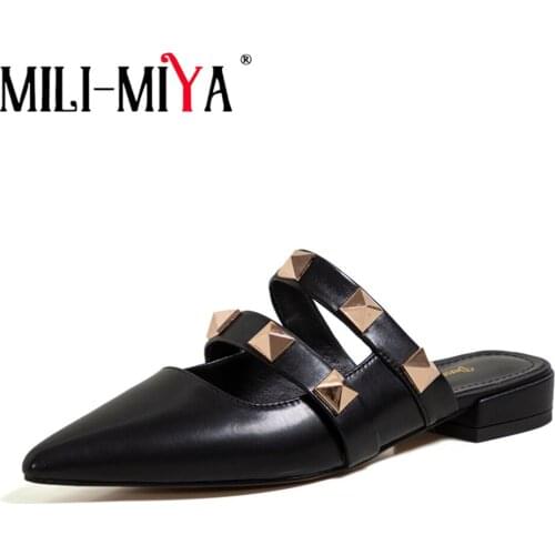 MILI-MIYA Fashion Rivet Women Genuine Leather Mules Pointed Toe Thick Heels Slip On Solid Color Plus Size 34-40 Handmade