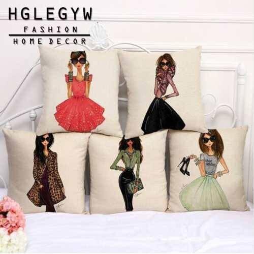 Gril Fashion Pillow Case Throw Pillowcase Cotton Linen Printed Pillow Covers for Office Home Textile