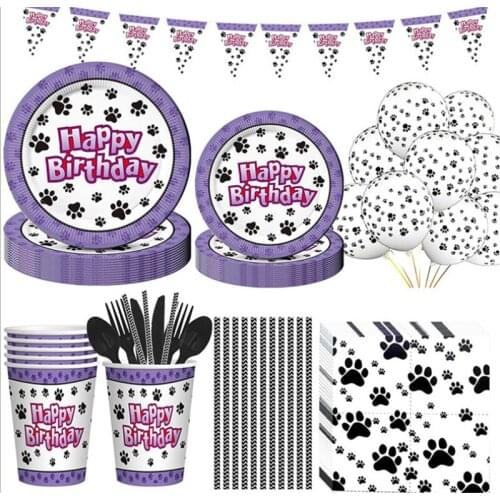 Cartoon Puppy Paw Theme Birthday Party Decoration Dog Paw Party Supplies Disposable Tableware Banner Paper Plate Napkin Balloon