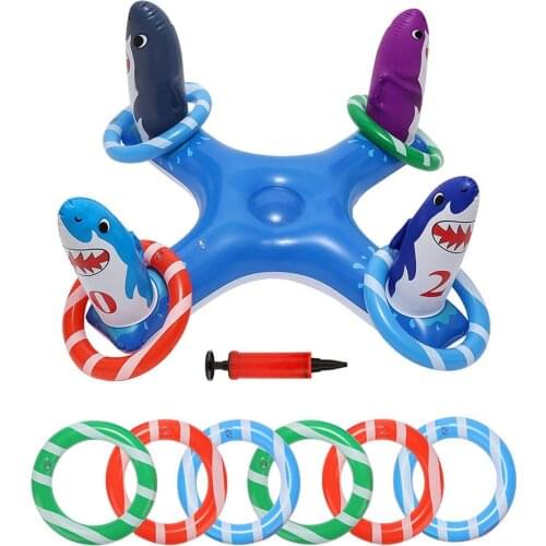 8pcs Inflatable Ring Throwing Toy Set Shark Ring Rack Floating Pool Water Toy Interactive Game Equipment Family Float Sports Toy