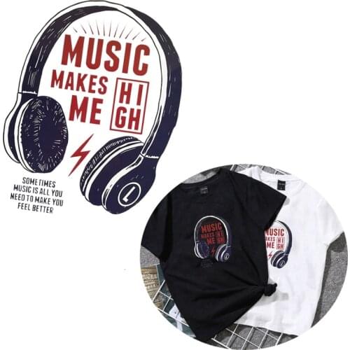 Music Makes Me High Letter Patches for Clothing DIY Headset Sticker on T-shirt Washable Heat Transfer Appliques Iron on Clothes