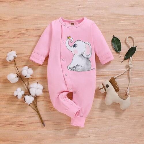 2020 new baby long-sleeved pink baby elephant open-chested one-piece romper baby girl fashion romper
