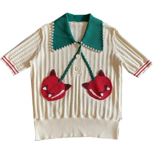 2021 new fashion cute color contrast demon cherry beaded color matching knitting heavy craft short-sleeved T-shirt top women