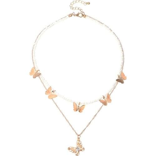 New Crystal Butterfly Pendant Necklaces For Women Fashion Charm Gold Multilayer Seed Bead Choker Necklace 2020 Bohemian Jewelry