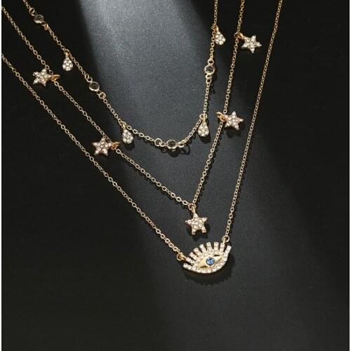 Womens Fashion Bohemia Trendy Multi-layer Chains Necklaces Detail Water-Drop Stars Crystal Blue Eye Charming Necklace Jewelry