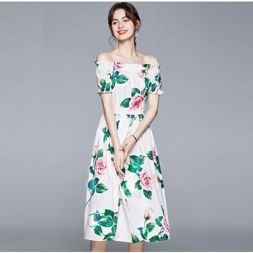 WTIANYUW 2021 Summer Runway Sicily Rose Floral Print Long Dress Women Off Shoulder Slash Neck Short Sleeve Holiday Dresses